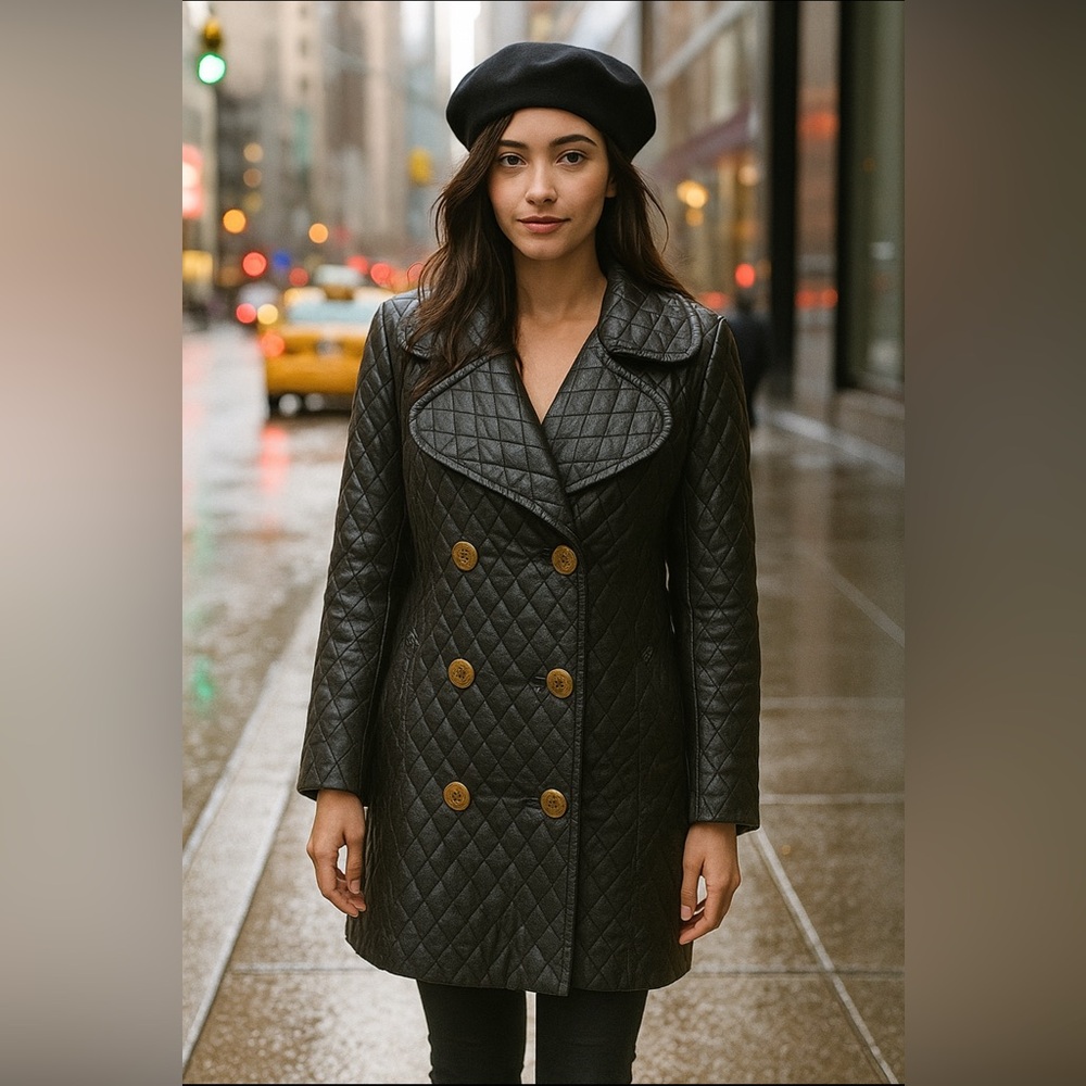 Vintage Baby Phat Y2K Black Faux Leather Quilted Trench coat Size Large